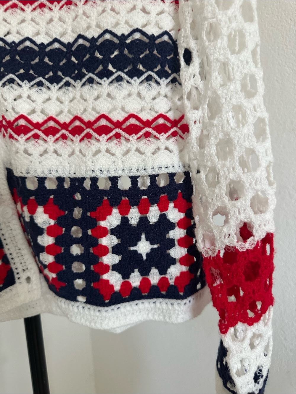 Luv Los Angeles Women's White Navy Red Crochet Cardigan Sweater - Picture 3 of 3